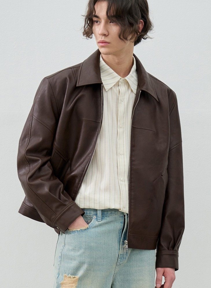 INCISION LEATHER BLOUSON JACKET [RED BROWN]