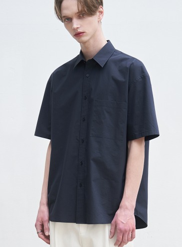 PAPER COTTON OVER-FIT HALF SLEEVE SHIRT [NAVY]