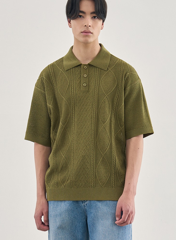 COOLING CABLE H-SLEEVE COLLAR KNIT [OLIVE]