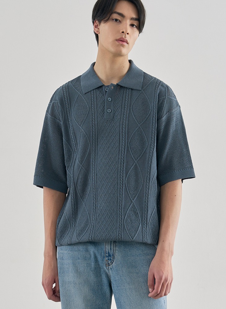 COOLING CABLE H-SLEEVE COLLAR KNIT [BLUE SHADOW]