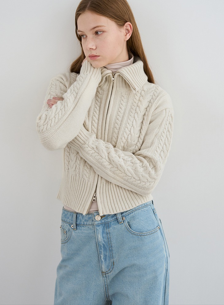 WOOL CABLE 2WAY ZIP UP KNIT CARDIGAN [IVORY]