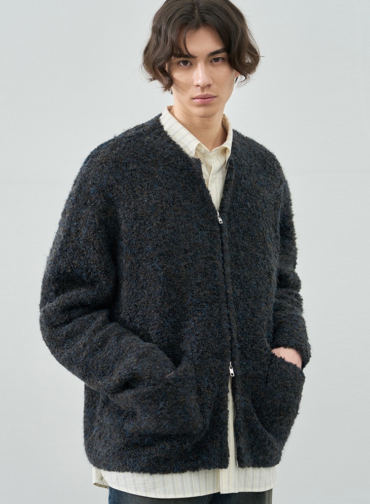 LOOSE FIT WOOL BOUCLE	KNIT ZIPUP CARDIGAN	[SPACE BLUE]