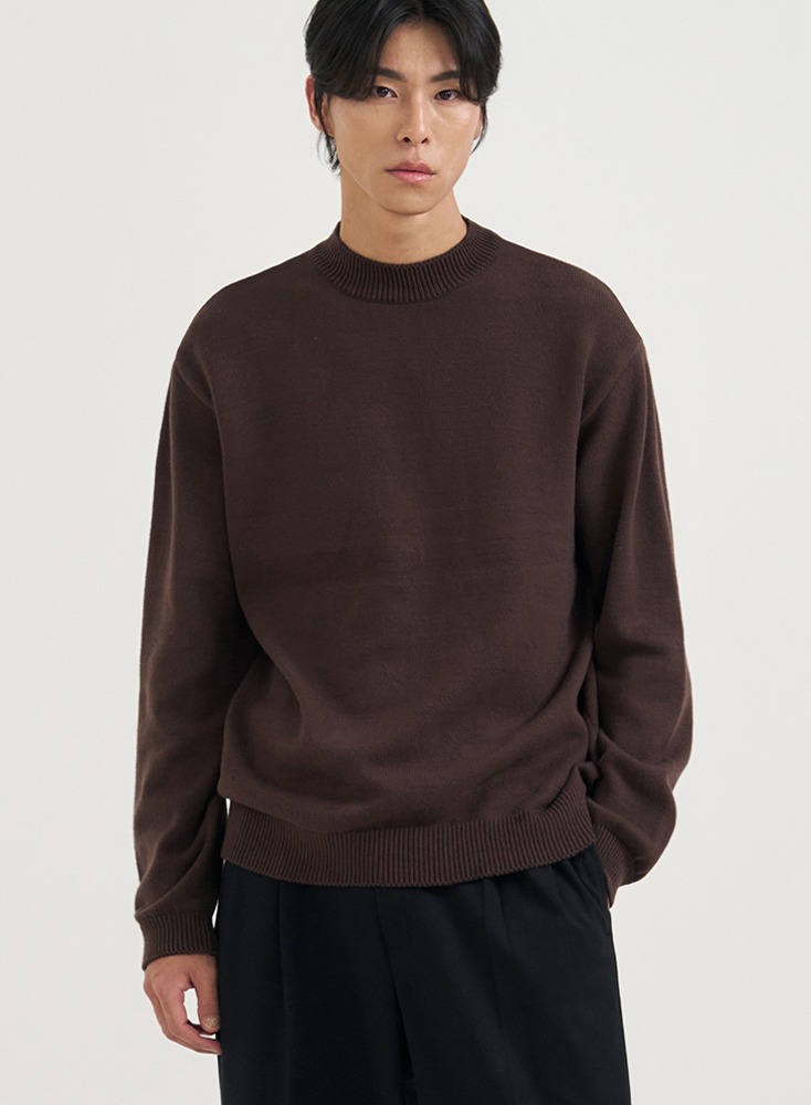 MOCK-NECK PULLOVER KNIT T-SHIRTS [BROWN]