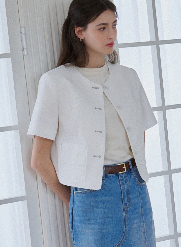 COLOR STITCHED COTTON HALF SLEEVE JACKET [WHITE]